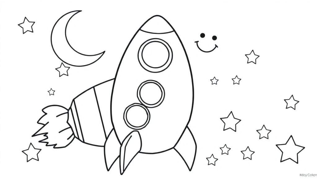 A cartoon rocket ship taking off, surrounded by stars and a crescent moon, presented as a black and white color panel ready for artistic interpretation.