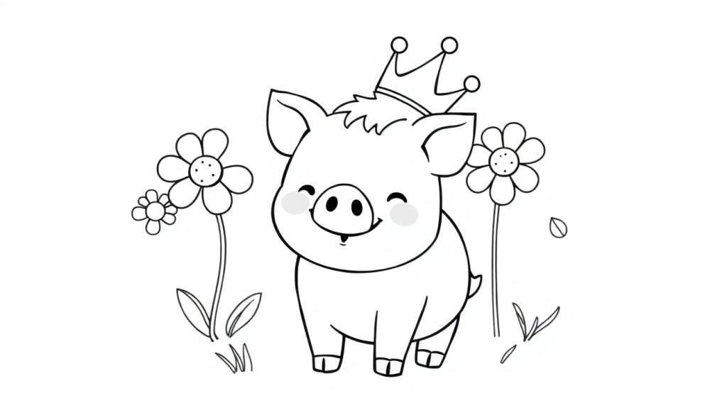 A happy cartoon pig with a crown, ready for coloring in a field of flowers, part of a color panel.