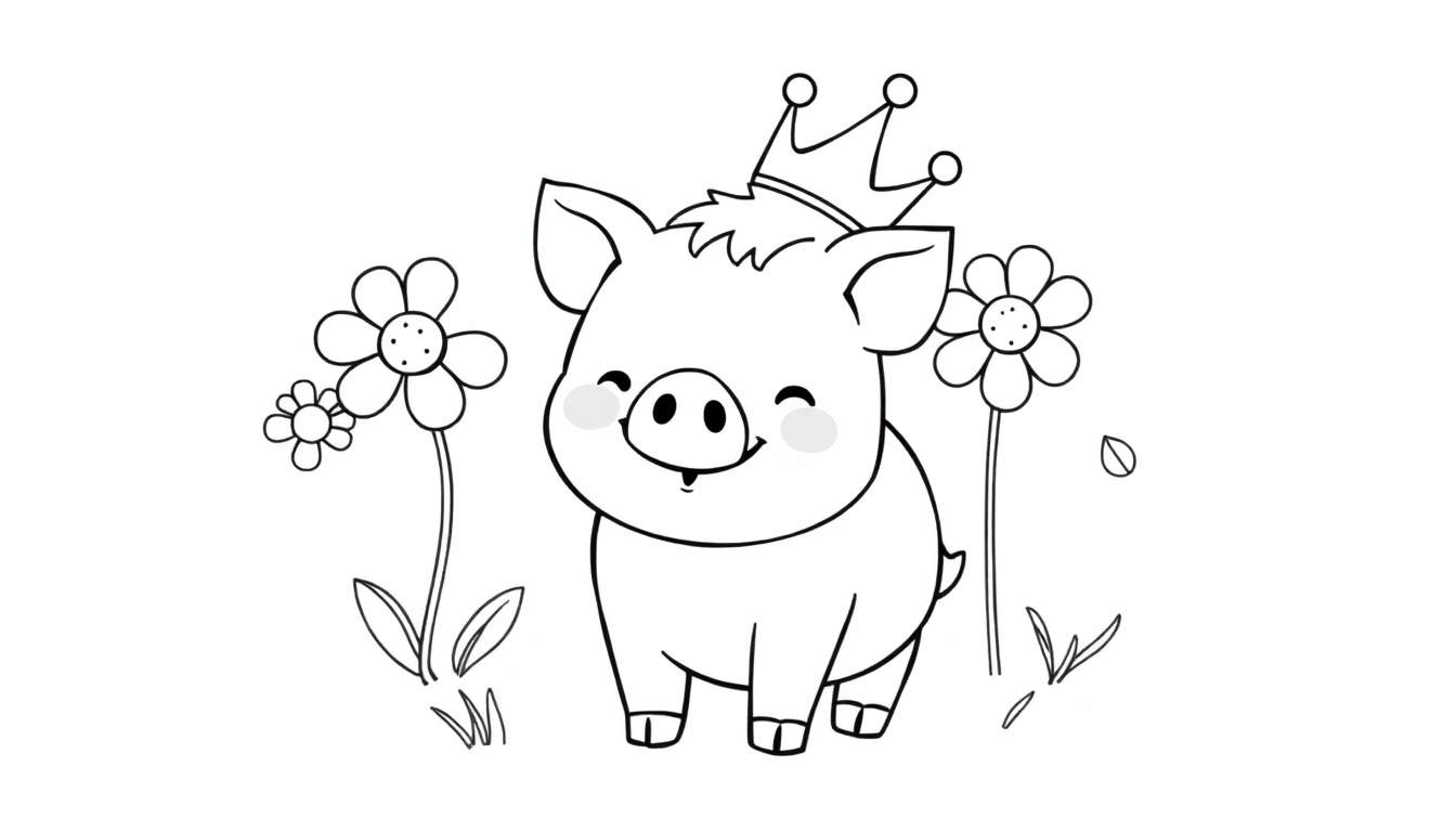 A happy cartoon pig with a crown, ready for coloring in a field of flowers, part of a color panel.