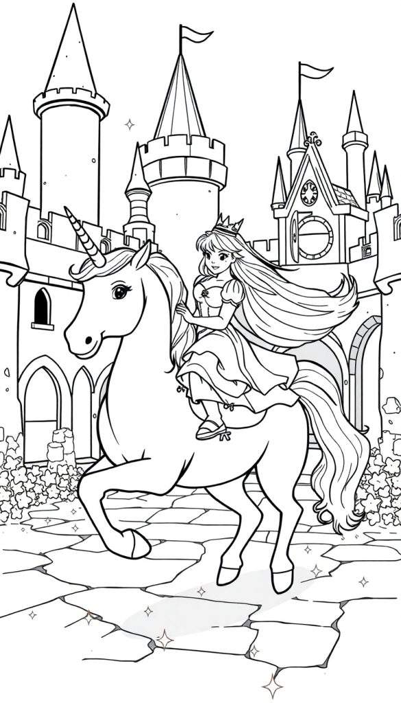 Three young princesses in colorful dresses playing in a bright, airy castle room.