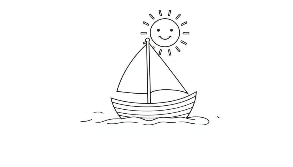 A sailboat with two sails and a striped hull sailing on wavy water under a smiling sun. Black and white coloring page for kids, a fun color panel.