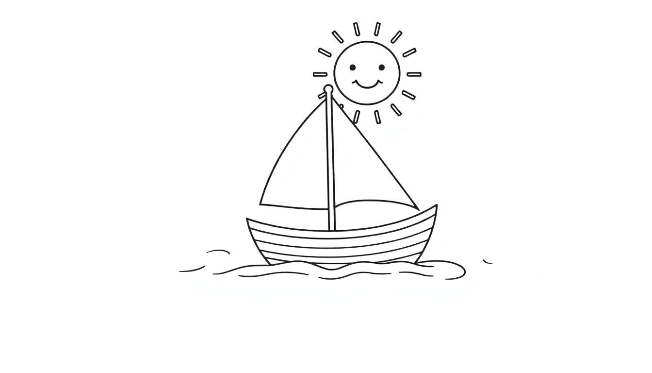 A sailboat with two sails and a striped hull sailing on wavy water under a smiling sun. Black and white coloring page for kids, a fun color panel.
