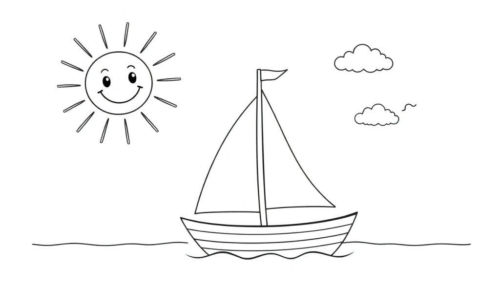 A black and white color panel drawing of a sailboat on gentle waves, with a smiling sun above and two fluffy clouds to the side.