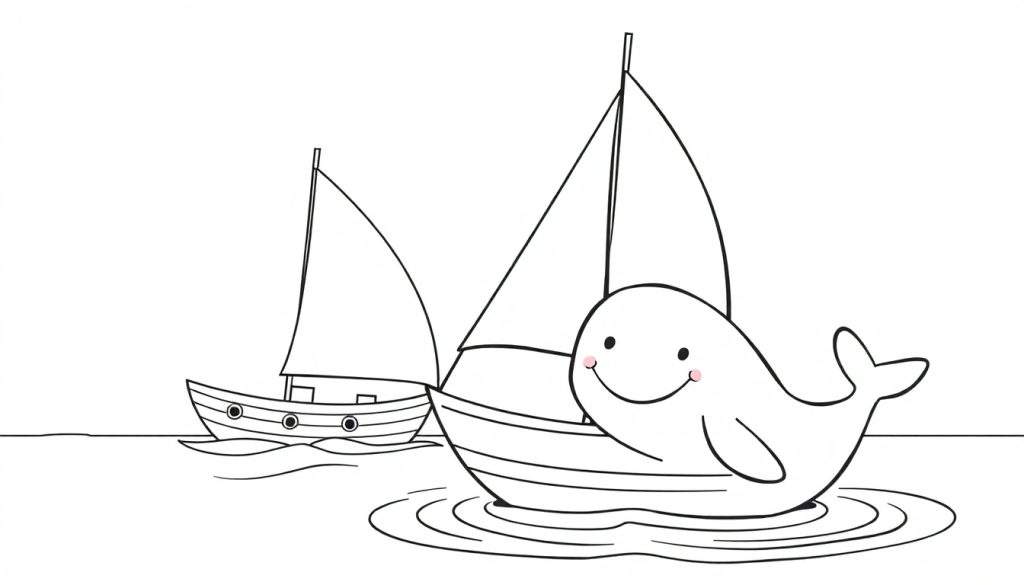 A happy sailboat and a whale in a black and white color panel, ready for coloring.