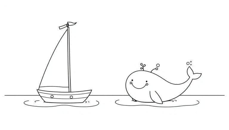 A cute sailboat and a happy whale in a black and white coloring panel.