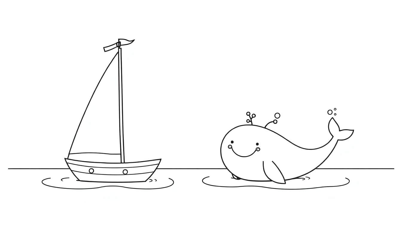 A cute sailboat and a happy whale in a black and white coloring panel.