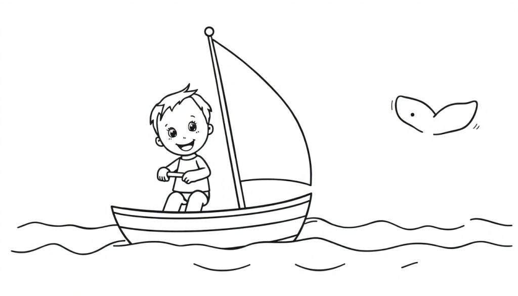 A child joyfully sailing a boat on a wavy sea with a whale's tail visible, all in a black and white color panel.