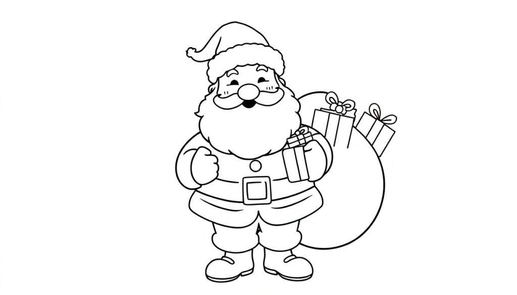 A friendly Santa Claus coloring panel with a sack full of presents.