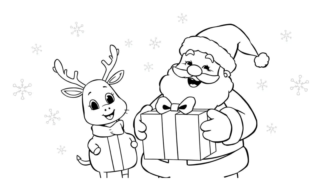A black and white color panel showing Santa Claus holding a gift for a smiling reindeer with snowflakes falling.