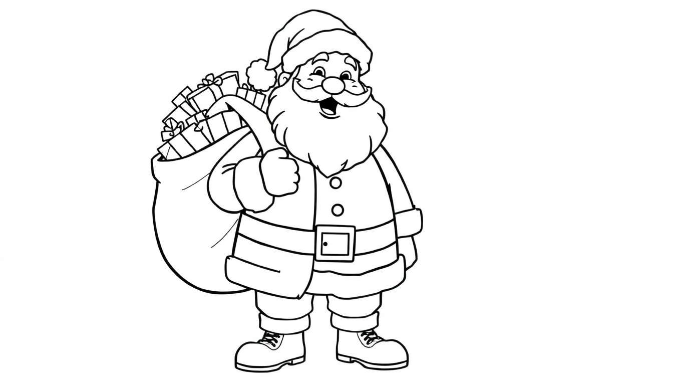 Santa Claus giving a thumbs-up with a sack of presents, black and white color panel.