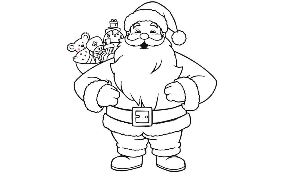 A black and white color panel of a smiling Santa Claus holding a sack brimming with toys over his shoulder.