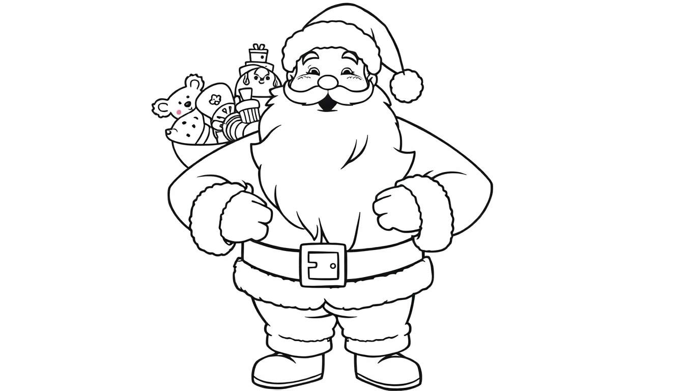 A black and white color panel of a smiling Santa Claus holding a sack brimming with toys over his shoulder.