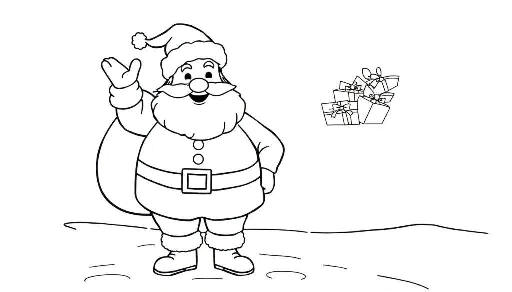 A black and white color panel of Santa Claus waving hello with his sack of presents.