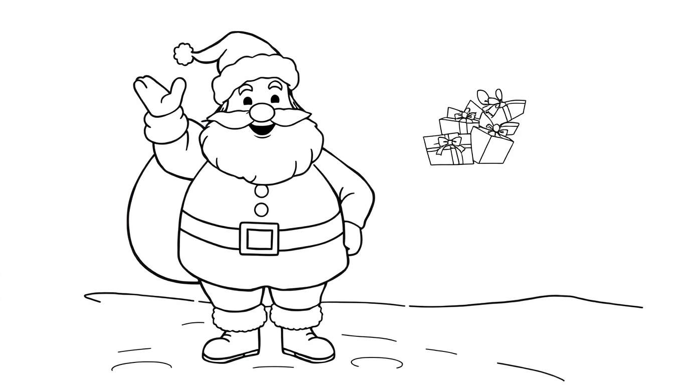 A black and white color panel of Santa Claus waving hello with his sack of presents.
