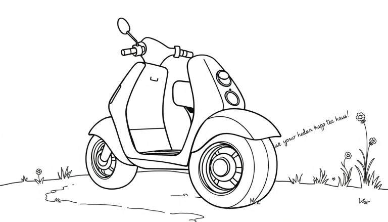 A black and white line drawing of a scooter, perfect for a color panel.