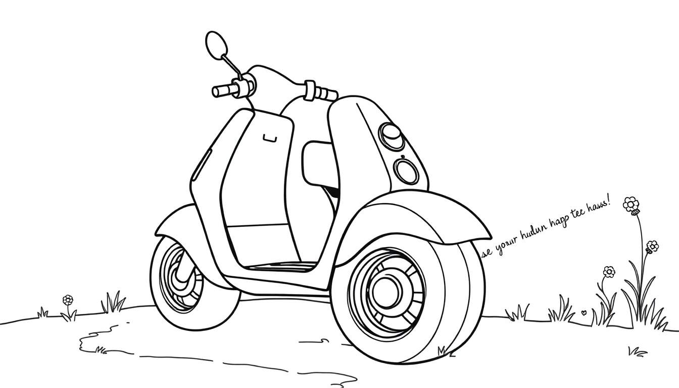 A black and white line drawing of a scooter, perfect for a color panel.