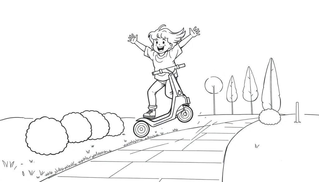 A happy child on a scooter in a park, ready for a color panel adventure.