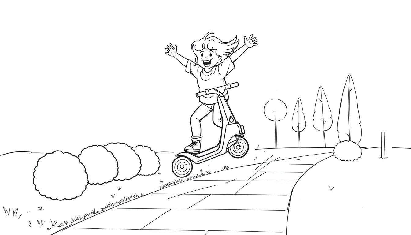 A happy child on a scooter in a park, ready for a color panel adventure.