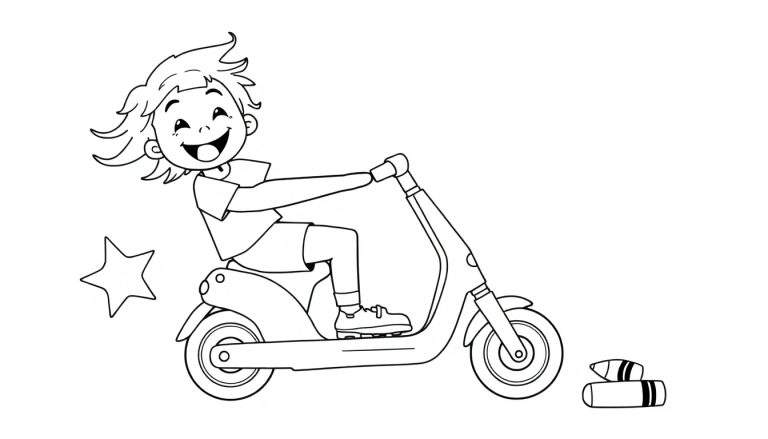 A happy child on a scooter, ready for coloring adventures, on a color panel.