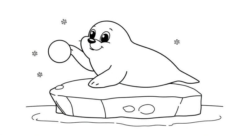 A cute seal with a ball on its nose, on an iceberg, black and white color panel.