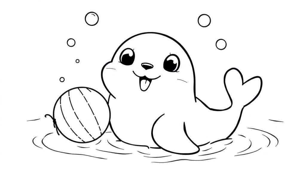 A black and white cartoon coloring panel of a happy seal playing with a striped ball in the water.