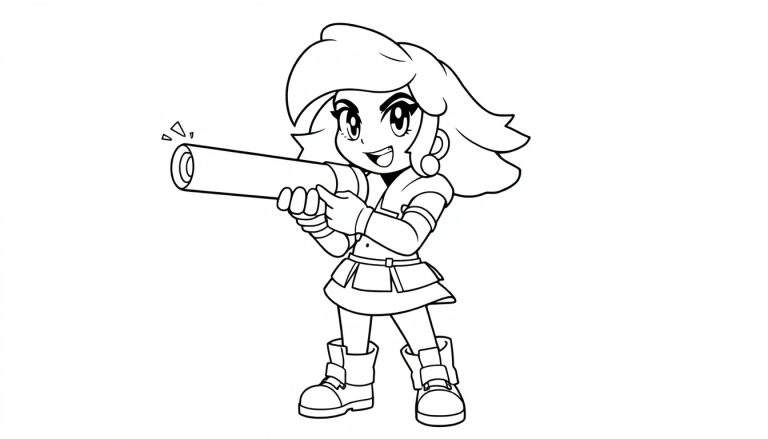 A cute black and white coloring page of Shelly from Brawl Stars with her shotgun, ready for action in a color panel.