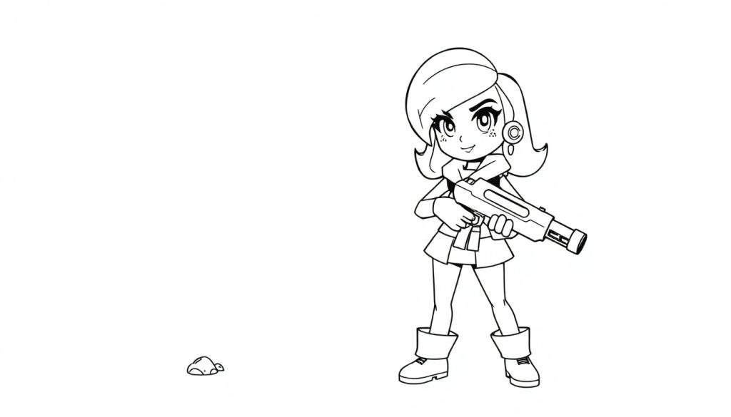 Shelly, a cartoon character with a vintage bob hairstyle and a determined expression, holding a futuristic-style shotgun. This is a black and white color panel illustration for coloring.
