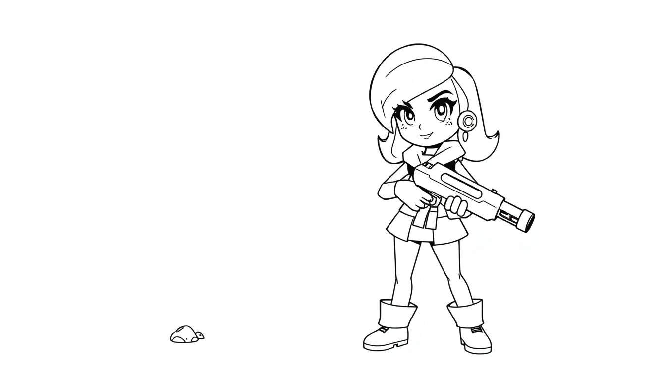 Shelly, a cartoon character with a vintage bob hairstyle and a determined expression, holding a futuristic-style shotgun. This is a black and white color panel illustration for coloring.