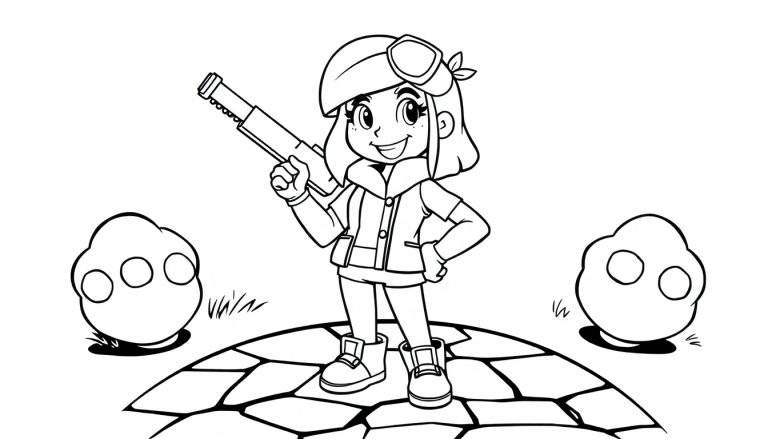 A black and white coloring panel of Shelly from Brawl Stars with her signature weapon.