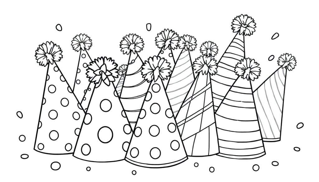 A cute black and white coloring page of silly party hats with polka dots, stripes, and funny pom-poms for kids to color, a fun color panel!
