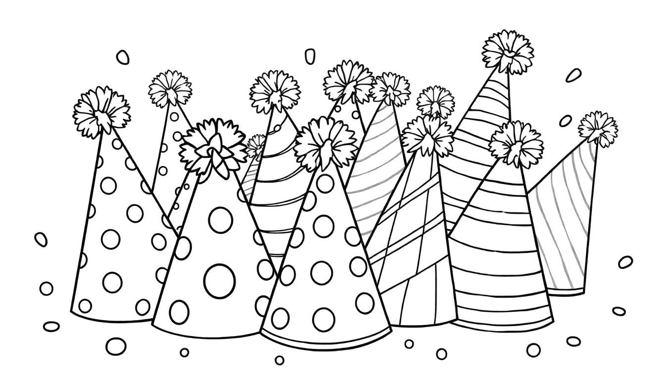 A cute black and white coloring page of silly party hats with polka dots, stripes, and funny pom-poms for kids to color, a fun color panel!