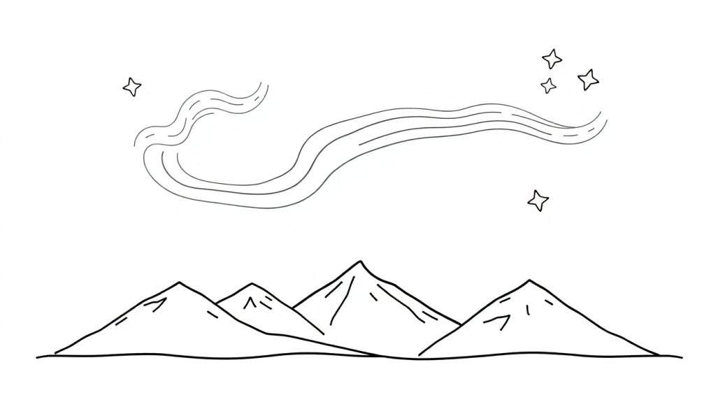 A black and white line drawing coloring page with a color panel, showing a cute aurora dancing over sleepy mountains with stars.