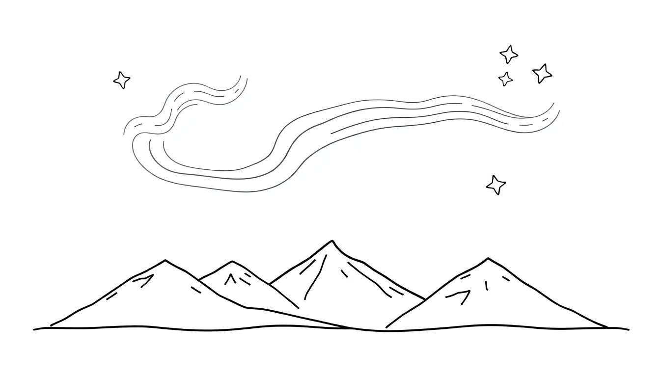 A black and white line drawing coloring page with a color panel, showing a cute aurora dancing over sleepy mountains with stars.