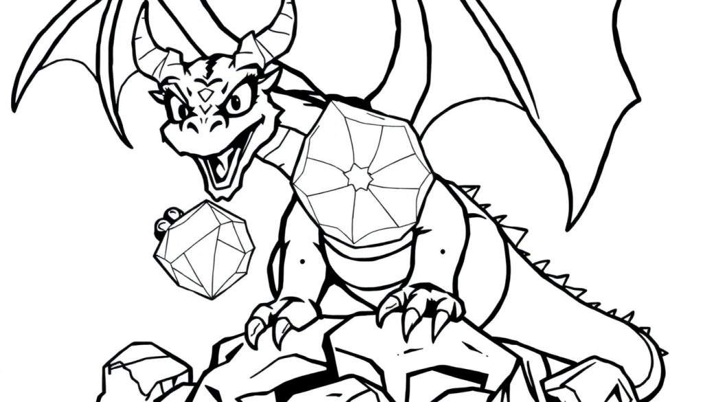Smaug the dragon, a friendly character for a color panel, looks surprised holding a sparkly gem.