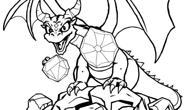 Smaug the dragon, a friendly character for a color panel, looks surprised holding a sparkly gem.