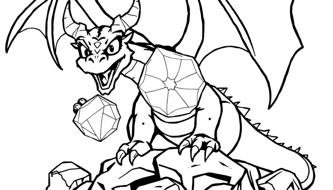 Smaug the dragon, a friendly character for a color panel, looks surprised holding a sparkly gem.