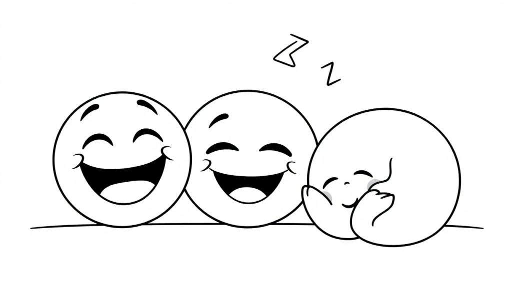 A color panel showing three cartoon smiley faces. Two are awake and smiling, one is asleep with Zzzs.