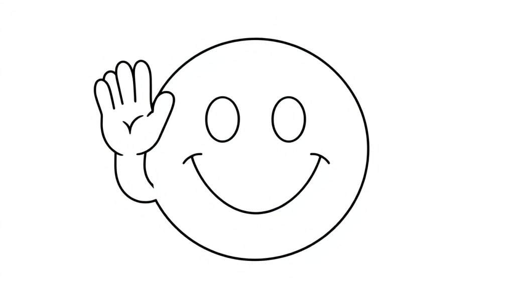 A black and white coloring panel of a smiley face emoji waving hello.