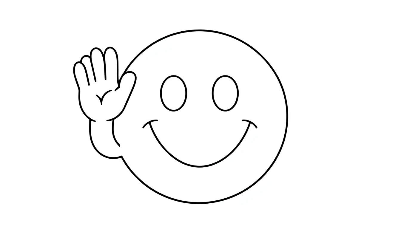 A black and white coloring panel of a smiley face emoji waving hello.