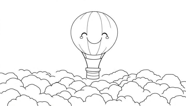 A cute hot air balloon coloring panel with a smiley face floats in the clouds.