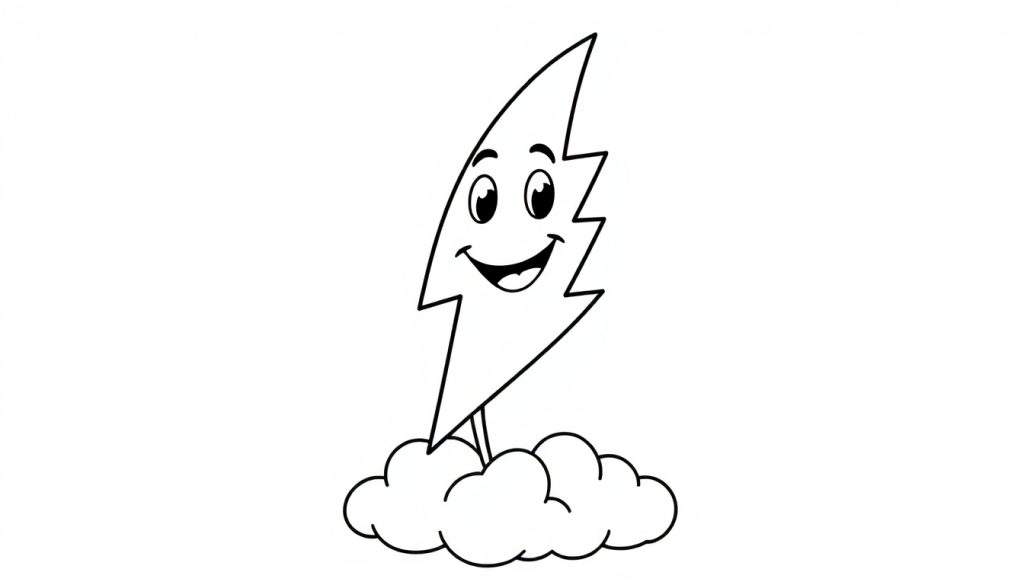 A happy cartoon lightning bolt on a cloud, ready for coloring. Black and white outline color panel.