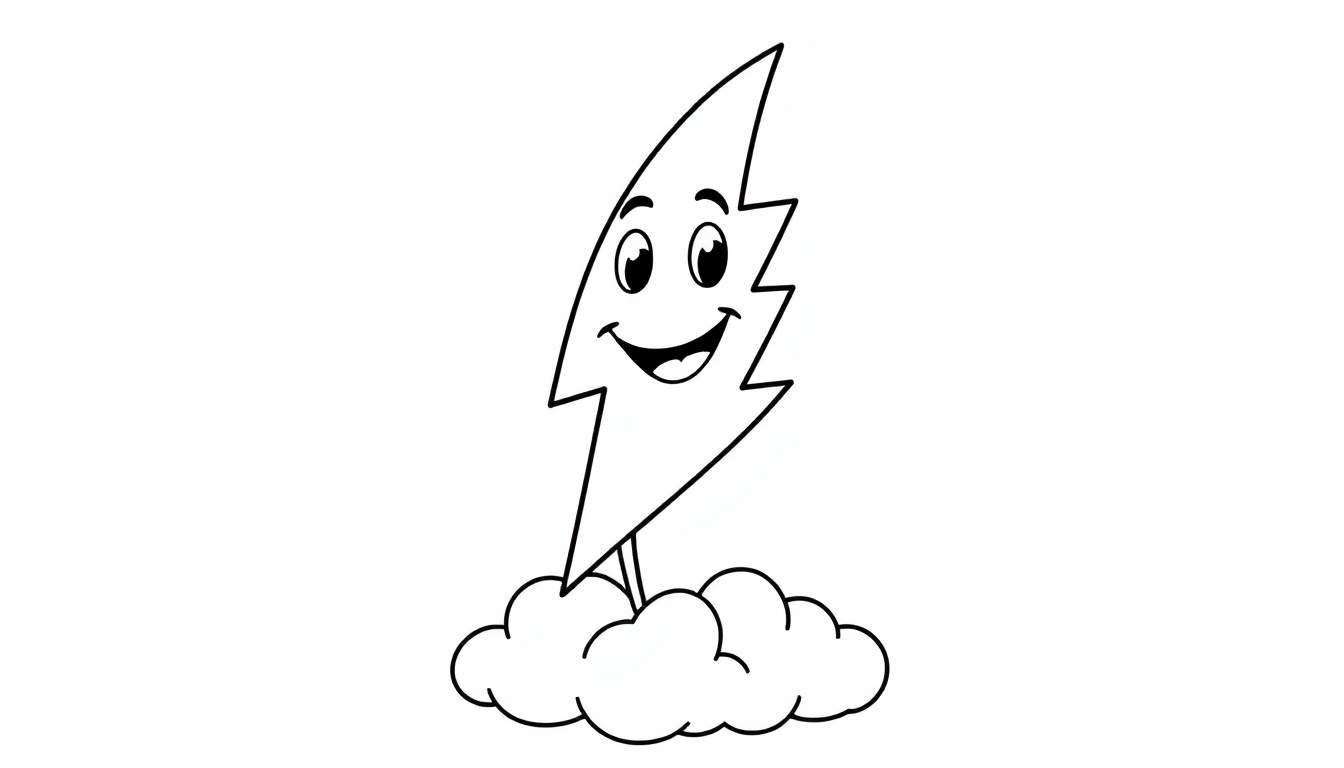 A happy cartoon lightning bolt on a cloud, ready for coloring. Black and white outline color panel.