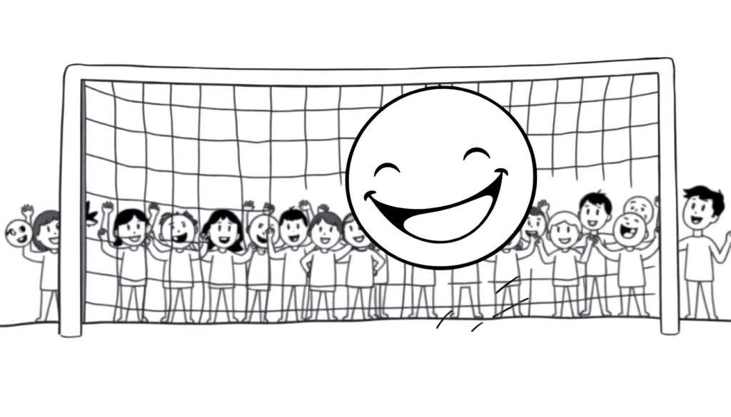 A black and white color panel of kids cheering behind a soccer goal, with a giant smiley face in front.