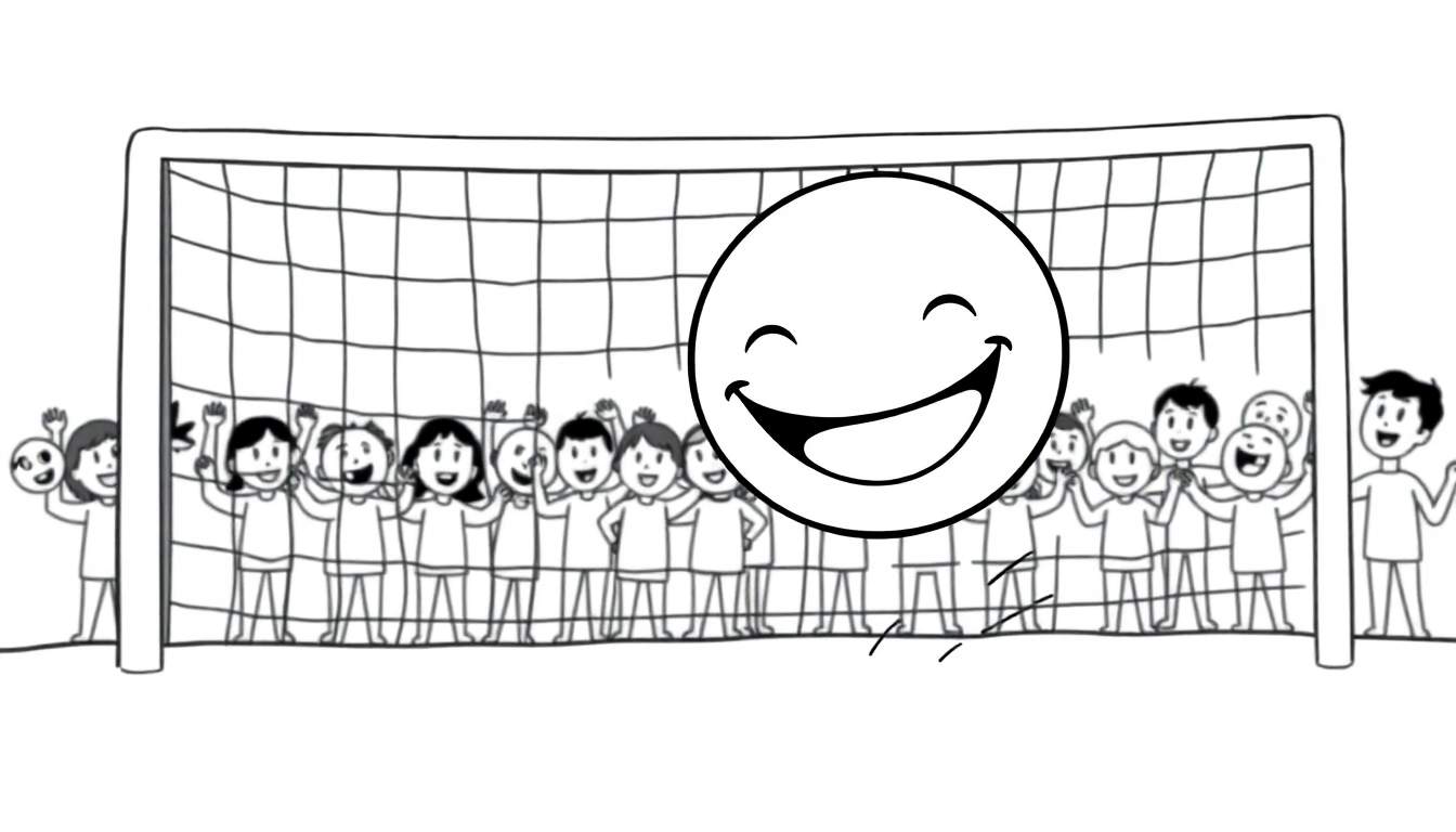 A black and white color panel of kids cheering behind a soccer goal, with a giant smiley face in front.