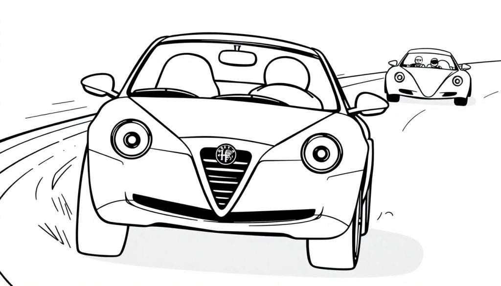 A cute Alfa Romeo car in a black and white color panel ready for a fun race.