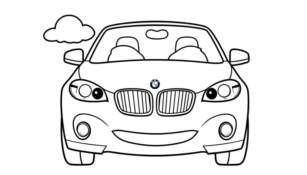 A cute, friendly BMW car smiling, ready for coloring on a color panel.
