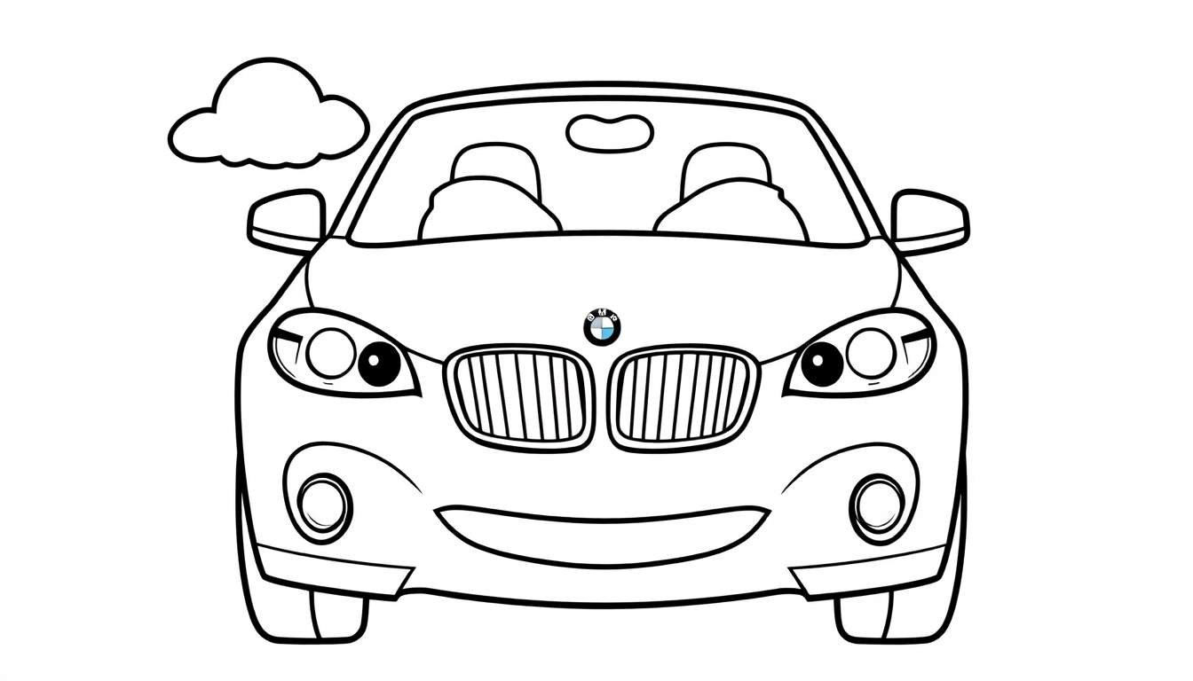 A cute, friendly BMW car smiling, ready for coloring on a color panel.