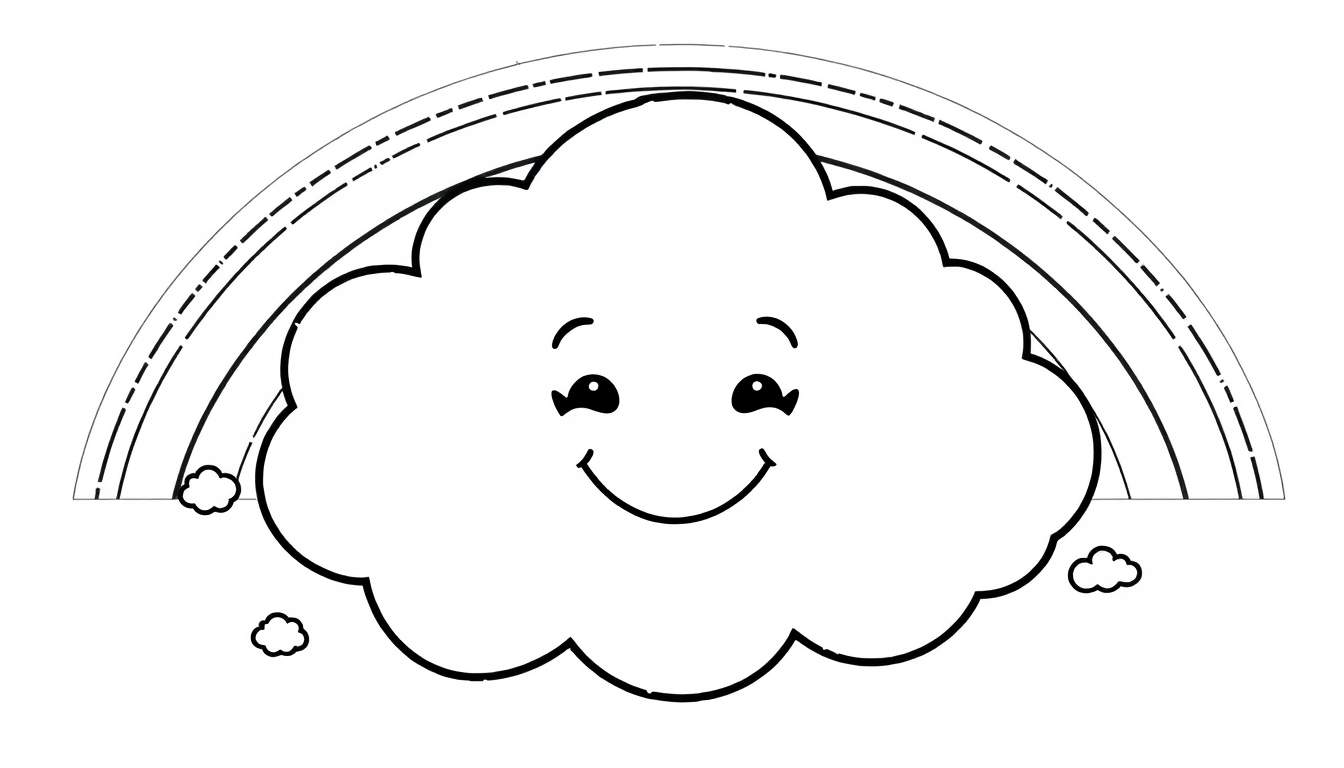 A black and white illustration of a happy cloud with a rainbow in the background, perfect for a color panel.