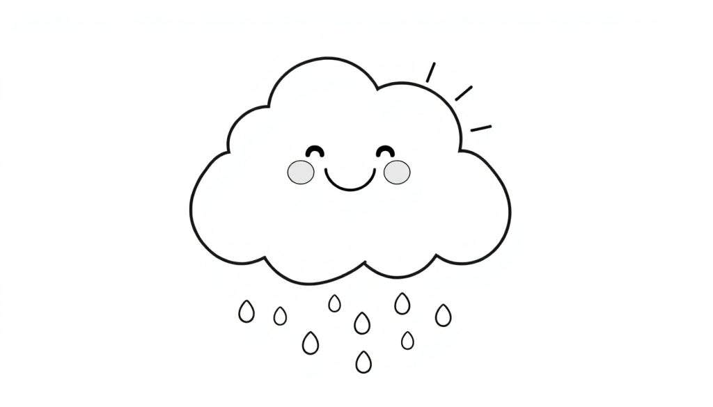 A happy cartoon cloud with a smiling face and sun rays, surrounded by falling raindrops. A black and white coloring panel for kids.