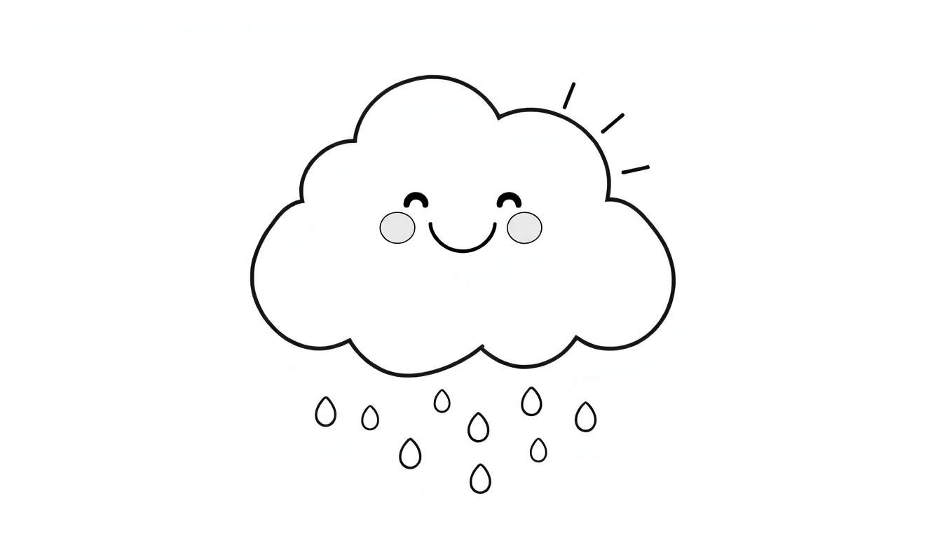 A happy cartoon cloud with a smiling face and sun rays, surrounded by falling raindrops. A black and white coloring panel for kids.